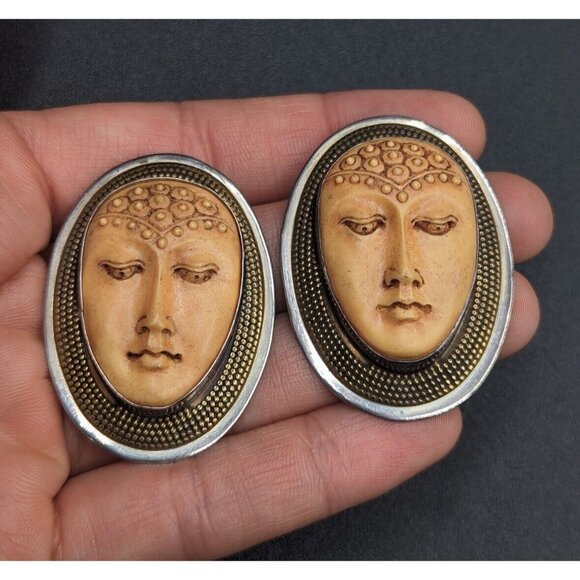 Tabra Guan Yin Buddha Goddess Resin Face Sterling Silver Earrings Pendant Set - Picture 4 of 16